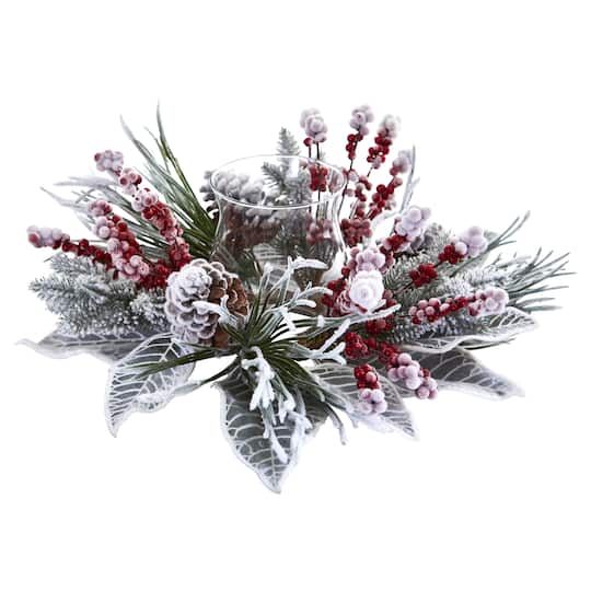 17" Snowy Magnolia Berry Artificial Arrangement Candelabrum